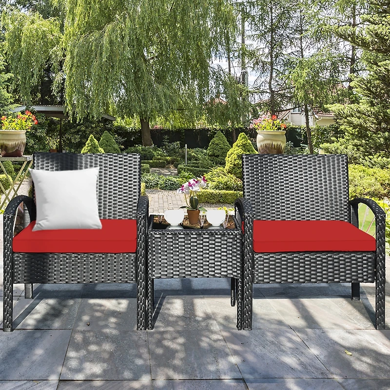 Costway 3PCS Patio Rattan Furniture Set Coffee Table & Chairs with Seat Cushions Garden