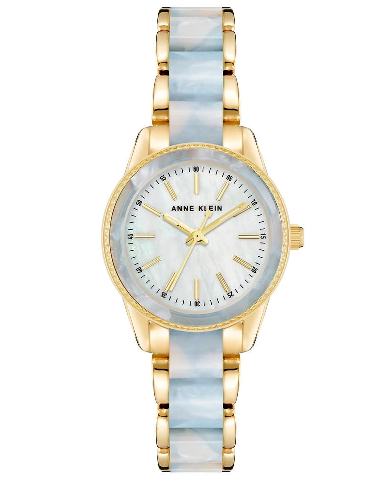 Anne Klein Women's Three Hand Quartz Gold-tone Alloy and Light Blue Marbled Acrylic Link Bracelet Watch, 30mm