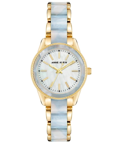 Anne Klein Women's Three Hand Quartz Gold-tone Alloy and Light Blue Marbled Acrylic Link Bracelet Watch, 30mm