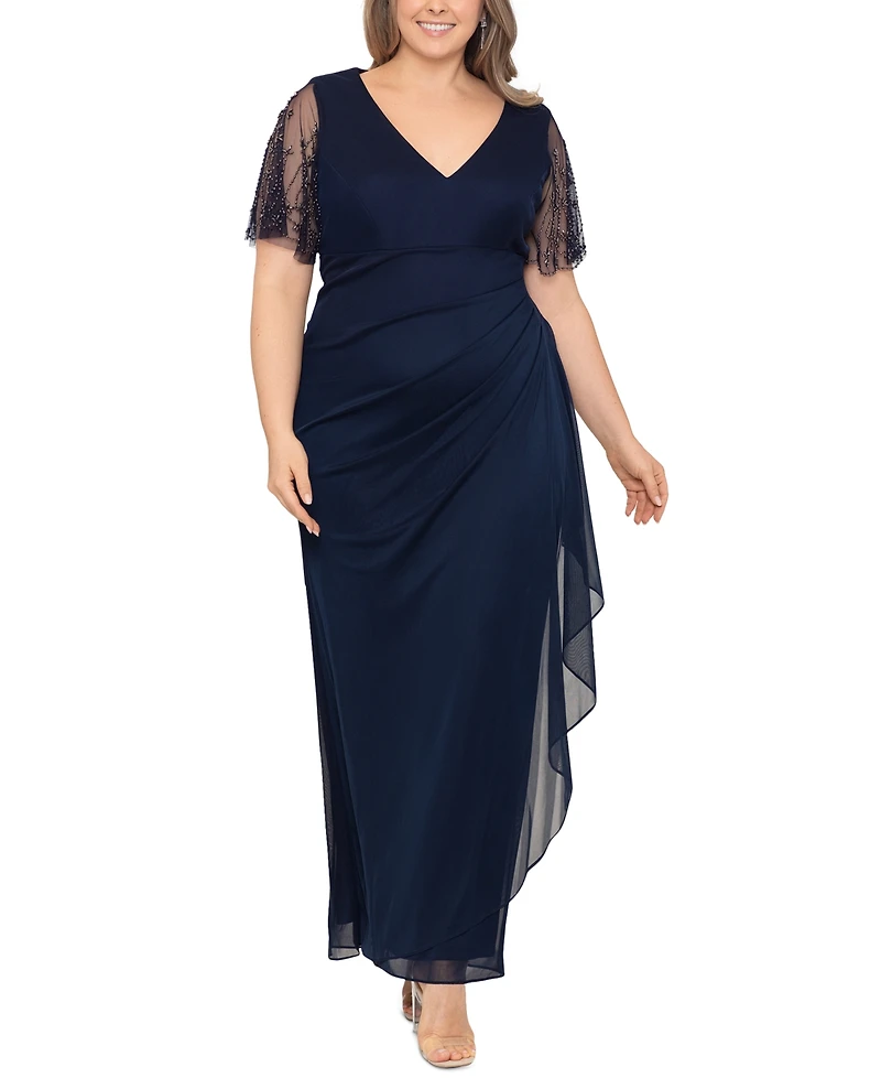 Xscape Plus Lace-Sleeve Dress