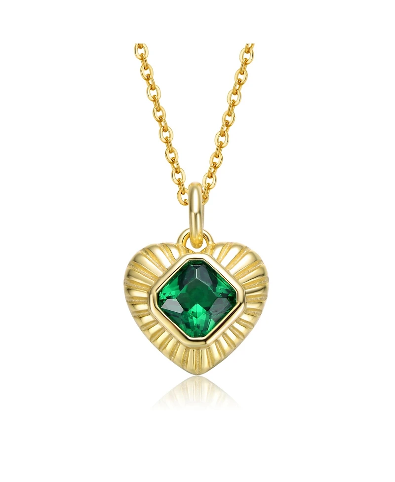 Sterling Silver 14k Yellow Gold Plated with Green Cubic Zirconia Sunray Heart Pendant Necklace