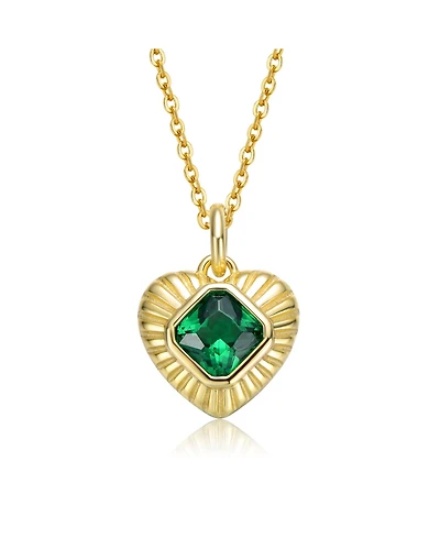 Sterling Silver 14k Yellow Gold Plated with Green Cubic Zirconia Sunray Heart Pendant Necklace