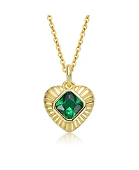 Sterling Silver 14k Yellow Gold Plated with Green Cubic Zirconia Sunray Heart Pendant Necklace