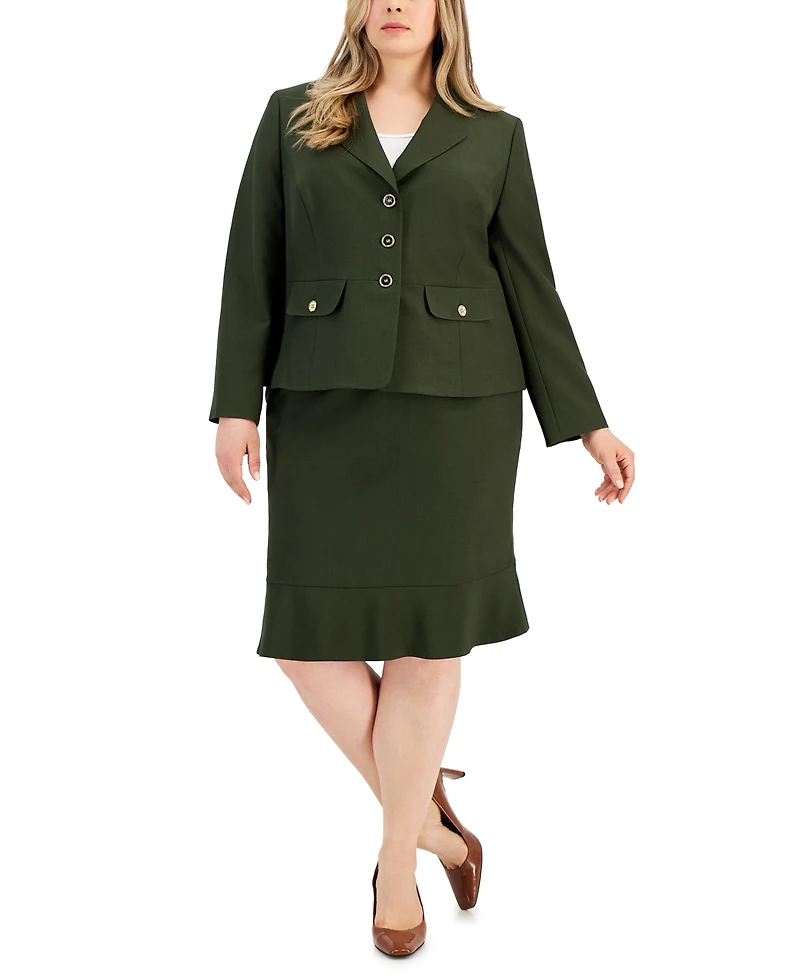 Le Suit Plus Three-Button Jacket & Flounce-Hem Skirt