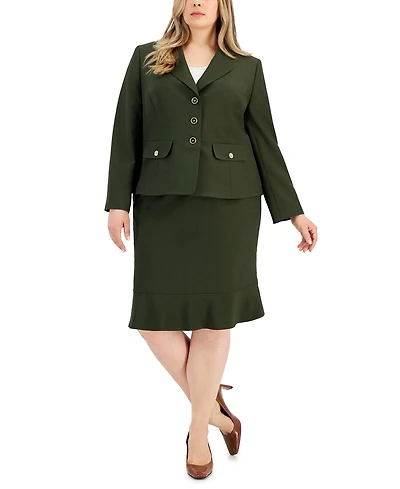 Le Suit Plus Three-Button Jacket & Flounce-Hem Skirt