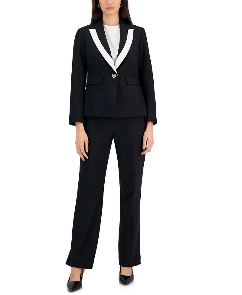 Le Suit Women's Contrast-Trim Peak-Lapel Pantsuit, Regular and Petite