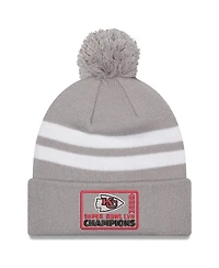 Men's New Era Gray Kansas City Chiefs Super Bowl Lvii Champions Top Stripe Cuffed Pom Knit Hat