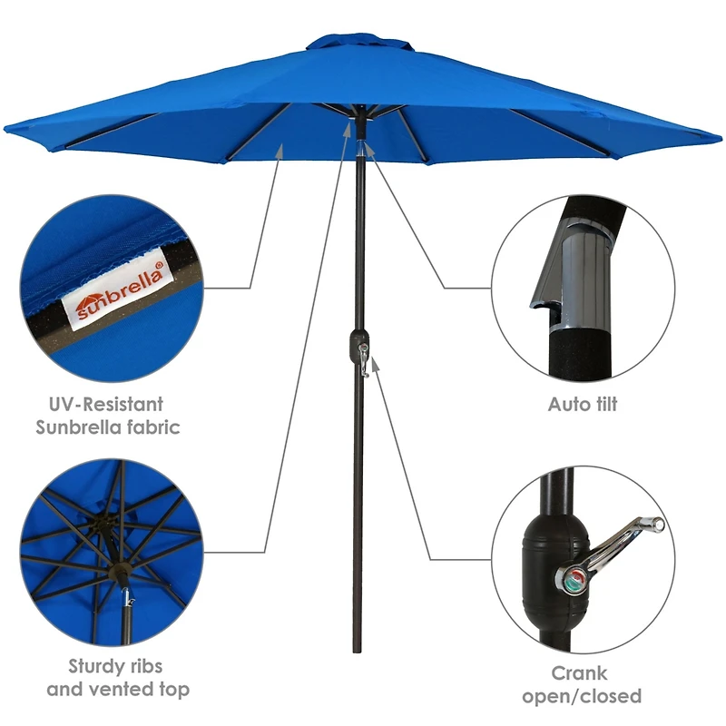 Sunbrella 9-Foot Patio Umbrella with Auto Tilt and Crank - Rust Resistant Aluminum Pole - Pacific Blue