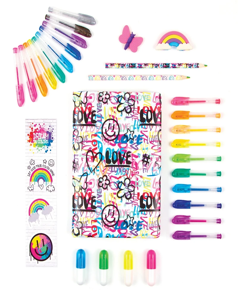 3C4G: Street Style Stationery 30 Piece Set, Make It Real, Teens Tweens Girls, 160 Page Lined Journal, 20 Mini Gel Pens, 2 Erasers, 2 Colored Pencils,