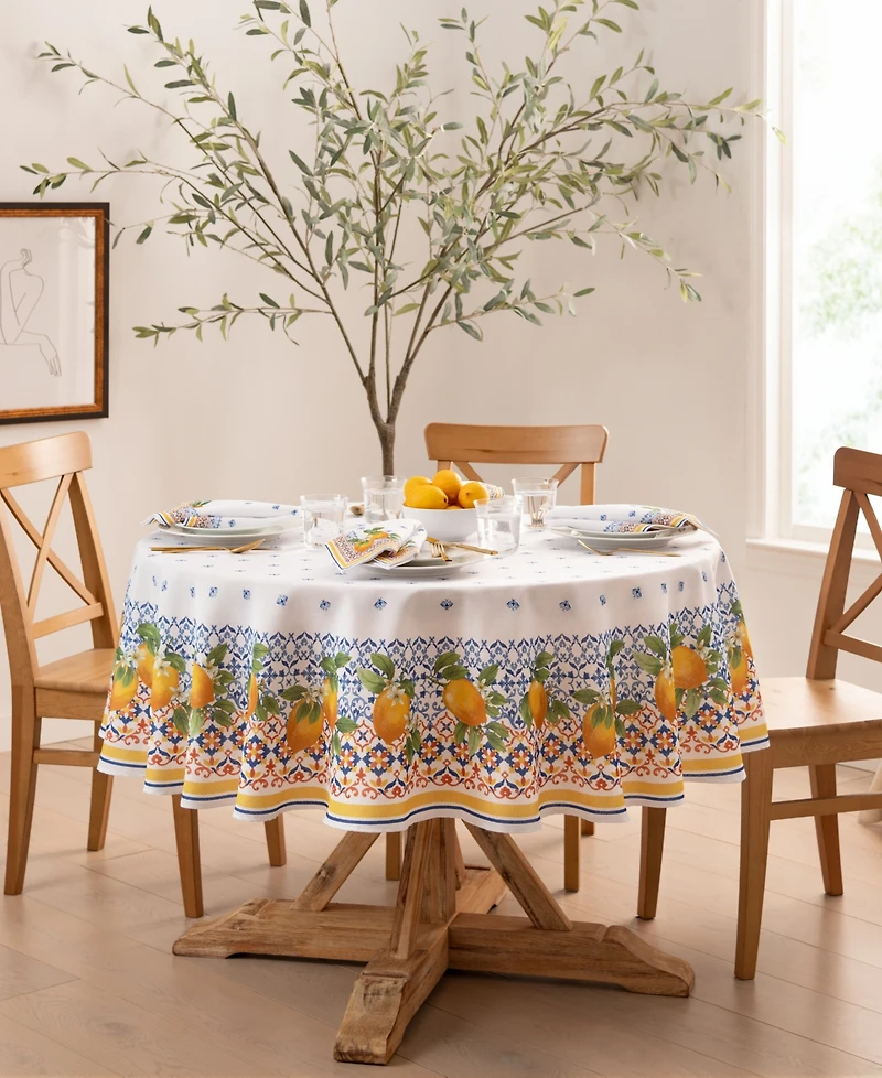 Capri Lemon Double Border Round Tablecloth 70" Round