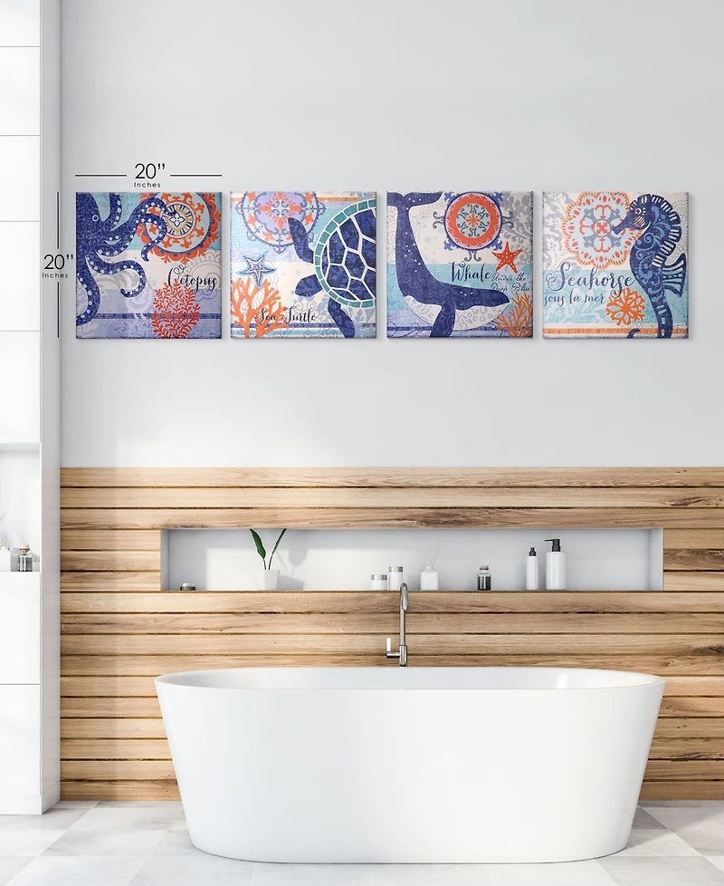 American Art Decor Coastal Ocean Whale Turtle Octopus Seahorse Nautical 4 Piece Beach Themed Canvas Art Set, 20" x 20"