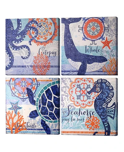 American Art Decor Coastal Ocean Whale Turtle Octopus Seahorse Nautical 4 Piece Beach Themed Canvas Art Set, 20" x 20"
