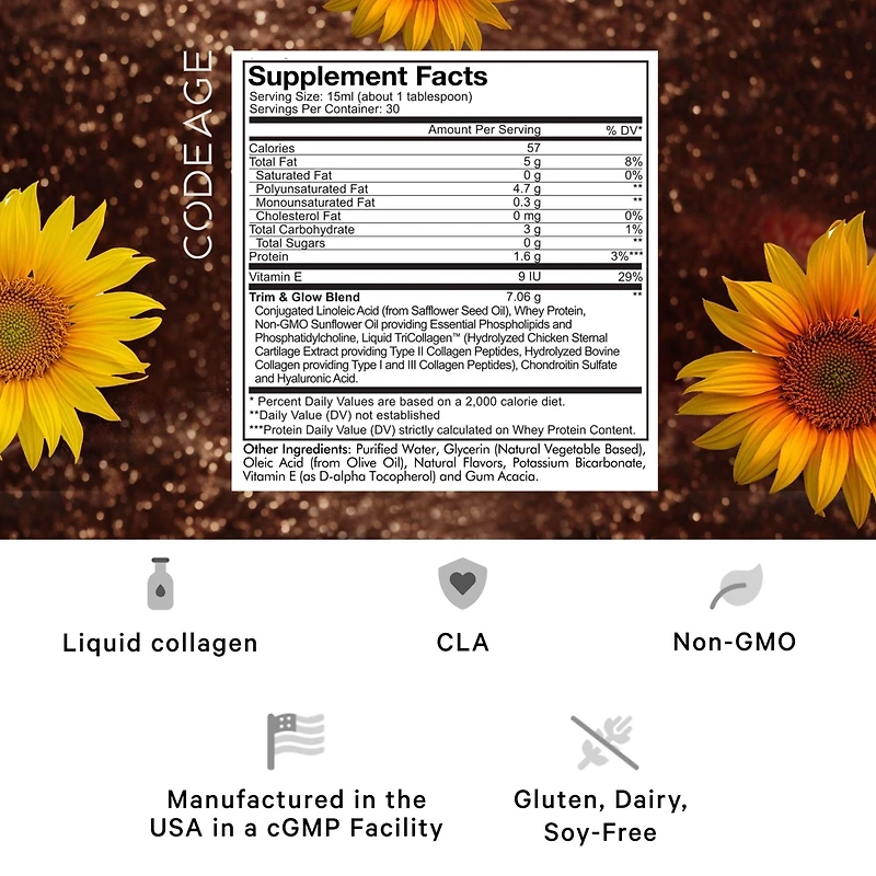 Codeage Liquid Collagen Supplement Chocolate Flavor, Beauty Trim & Glow Liposomal Collagen Peptides, Cla Conjugated Linoleic Acid, Hyaluronic Acid, Vi