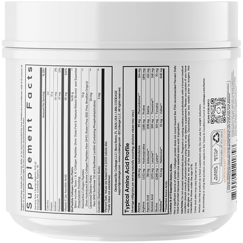 Codeage Liposomal Collagen Peptides Powder + Vitamin C & Quercetin Phytosome, Phospholipid Complex, Grass-Fed Pasture-Raised Hydrolyzed Collagen Type