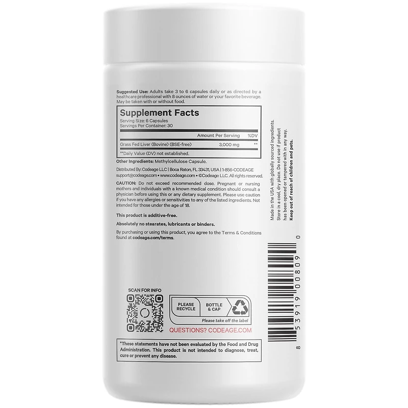 Codeage Grass Fed Beef Liver Supplement Superfood, Freeze Dried, Non-Defatted, Desiccated Beef Liver Glandulars Bovine Pills, Pasture Raised Beef Vita
