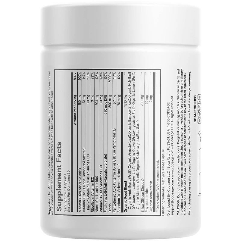 Codeage Biotin Supplement with Vitamin C, Vitamin E, Vitamin B6, Niacin, Folate, Organic Food Blend, Phytoceramides, Astaxanthin, Selenium