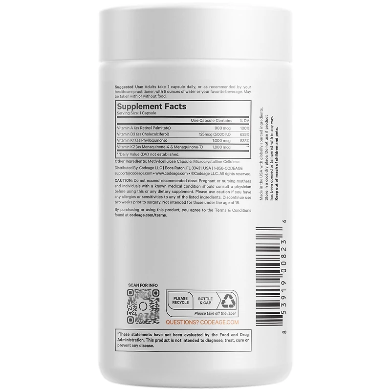 Codeage Adk Vitamins Supplement - Essential Vitamin A, Vitamin D3 5000 Iu, Vitamin K1 & K2 (MK4 & MK7) - 6-Month Supply