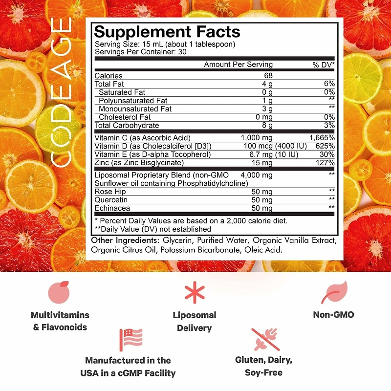 Codeage Liquid Vitamin C 1000mg, Vitamins D3, E & Zinc, Rose Hips, Quercetin, Echinacea, Liposomal Vitamin C Supplement, Non-gmo - 16 fl oz