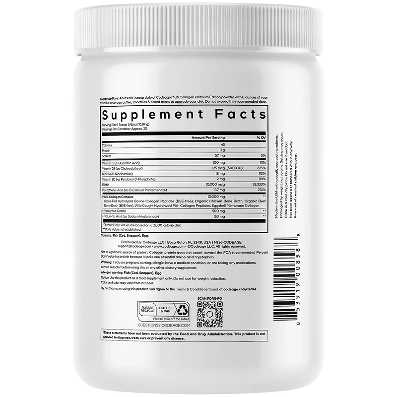 Codeage Multi Collagen for Women & Men Biotin 10000mcg Keratin, Protein Powder Vitamin C B6 D3, Hyaluronic Acid, Niacin