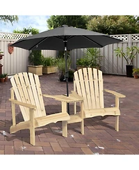Outsunny Set of 2 Wooden Adirondack Chairs, Outdoor Double Seat with Center Table and Umbrella Hole for Patio, Backyard, Deck, Fire Pit, Natural