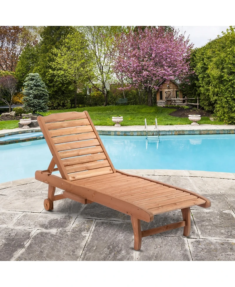 Outsunny Chaise Lounge Pool Chair, Built-in Table, Wood Look