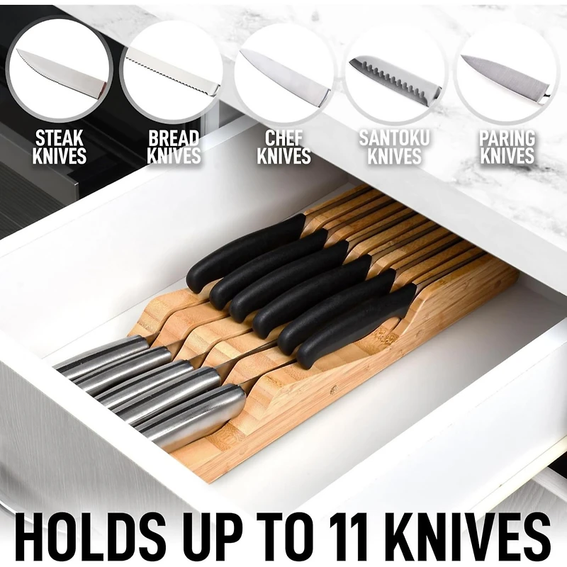 Zulay Kitchen Bamboo Knife Drawer Organizer Insert - Edge-Protecting Knife Organizer Block Holds Up To 11 Knives