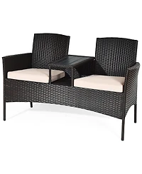 Costway Patio Rattan Conversation Set Loveseat Sofa Cushioned Coffee Table