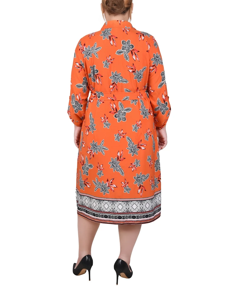 Ny Collection Plus 3/4 Roll Tab Sleeve Belted Shirtdress