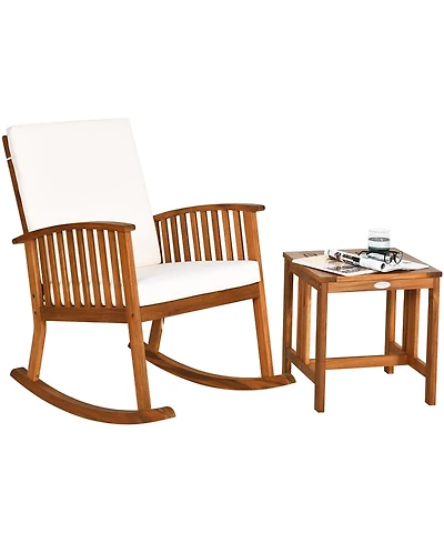 2PCS Acacia Wood Patio Rocking Chair Set Cushioned Coffee Table