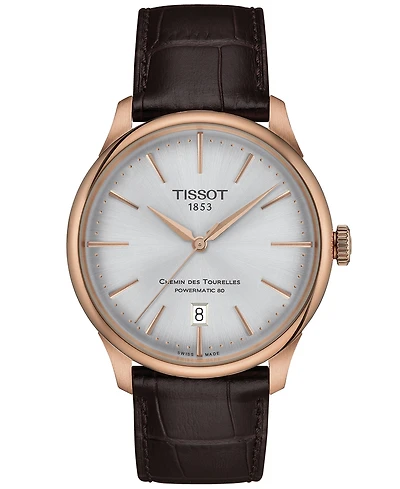 Tissot Unisex Swiss Automatic Chemin des Tourelles Powermatic 80 Dark Brown Leather Strap Watch 39mm