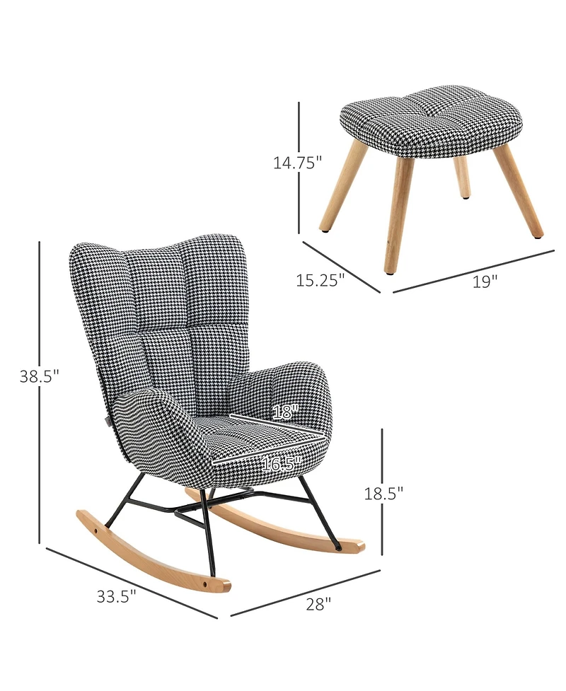 Homcom Glider Rocker with Ottoman Set, Houndstooth Nursery Rocking Chair, Upholstered Wingback Armchair for Living Room and Bedroom