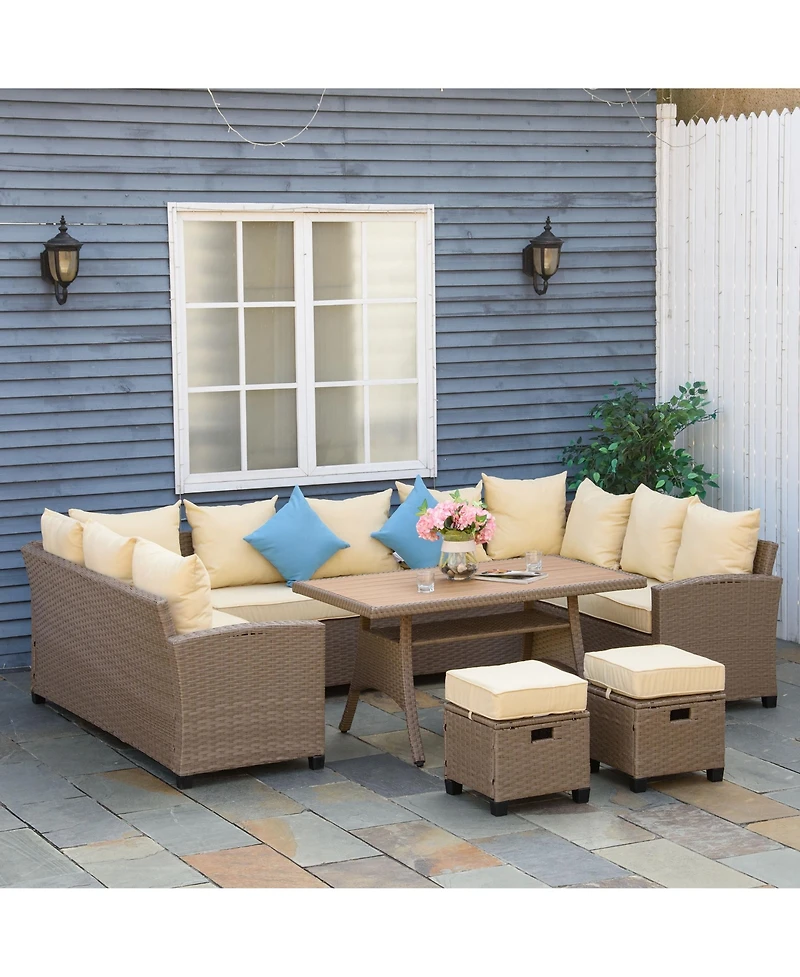 Outsunny Patio Furniture Sectional Sofa w/ Ottomans & Table,