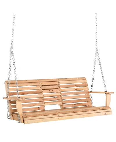 Outsunny 3-Seater Wooden Porch Swing, Patio Swing Bench with Folding Coffee Table, Cup Holders and Chains Included, 440lbs Weight Capacity