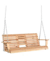 Outsunny 3-Seater Wooden Porch Swing, Patio Swing Bench with Folding Coffee Table, Cup Holders and Chains Included, 440lbs Weight Capacity
