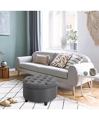 Homcom Upholste Round Linen Storage Stool Footrest of Button Tufted