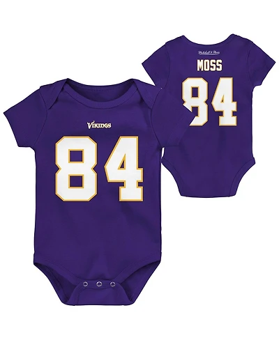Newborn and Infant Boys and Girls Mitchell & Ness Randy Moss Purple Minnesota Vikings Retro Name and Number Bodysuit