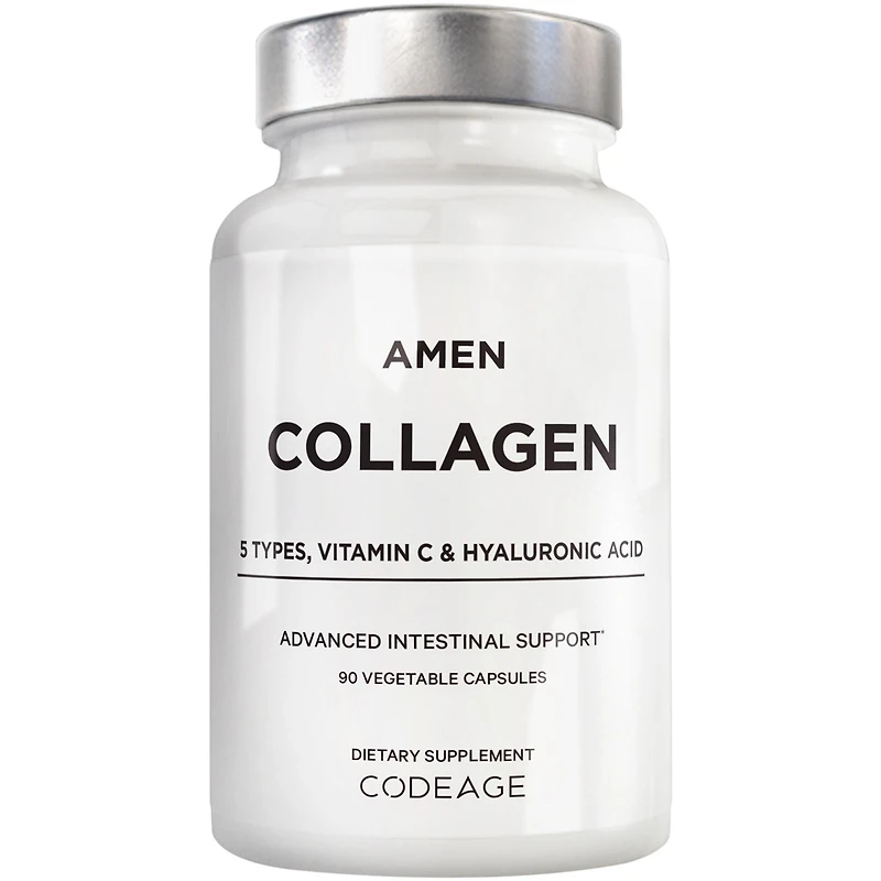 Amen Multi Collagen Peptides Capsules with Hyaluronic Acid and Vitamin C - 5 Types of Collagen Protein Type I, Ii, Iii, V, X - Grass Fed Hydrolyzed
