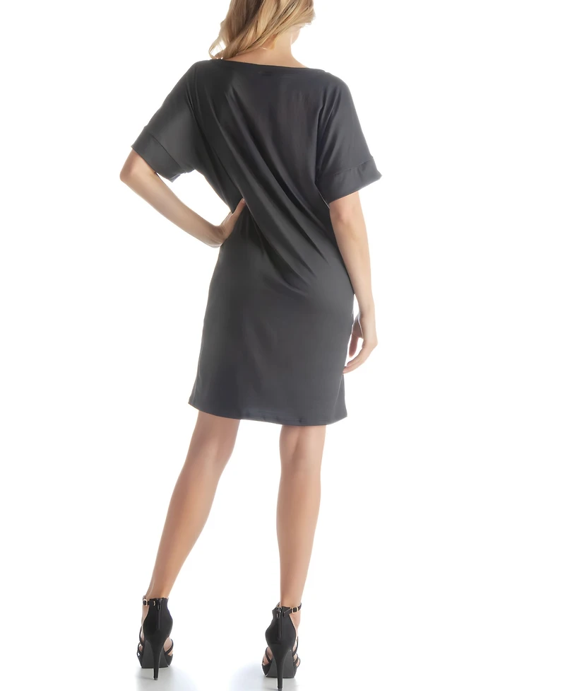 24seven Comfort Apparel Solid Color Loose Fit V Neck T Shirt Style Women's Knee Length Dress