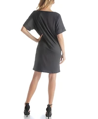 24seven Comfort Apparel Solid Color Loose Fit V Neck T Shirt Style Women's Knee Length Dress