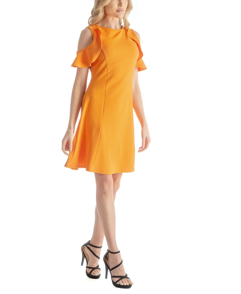 24seven Comfort Apparel Ruffle Cold Shoulder a Line Knee Length Dress