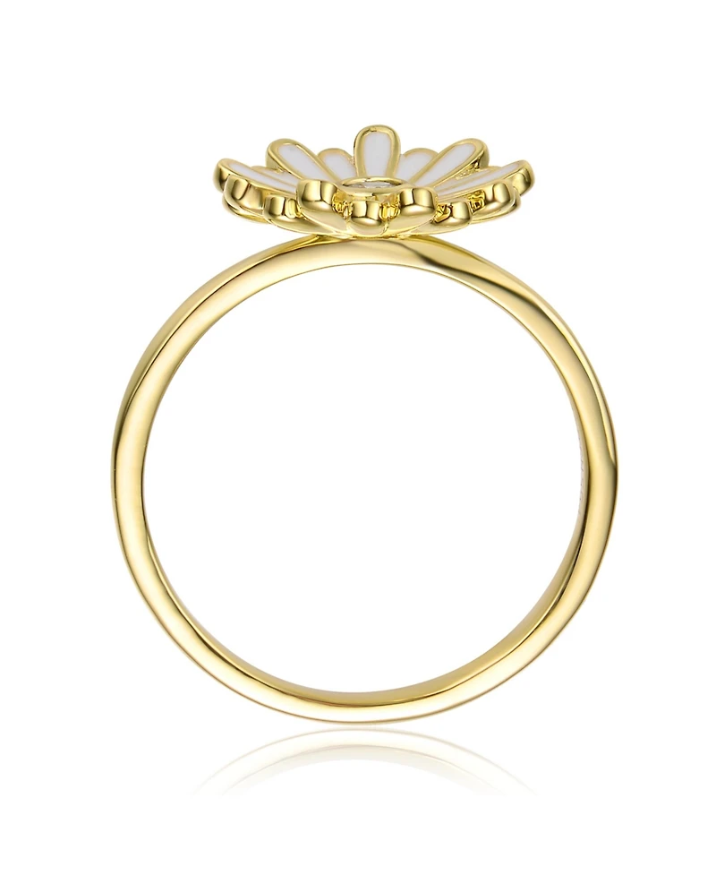 Ra Young Adults/Teens 14k Yellow Gold Plated with Cubic Zirconia White Enamel Daisy Flower Ring