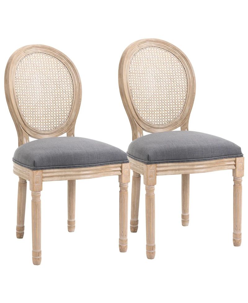Homcom 2pc French-Style Rattan Backrest Upholstered Dining Accent Chairs, Grey