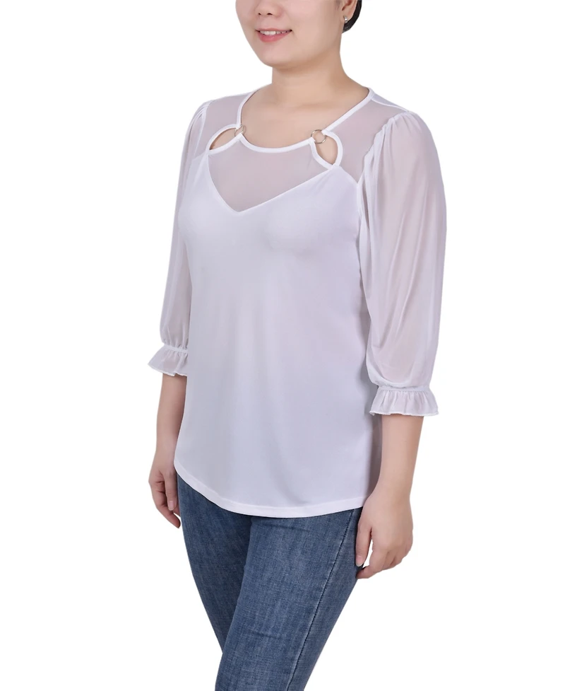 Ny Collection Petite 3/4 Sleeve Ringed Mesh Top