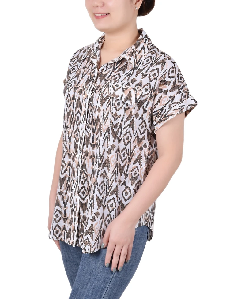 Ny Collection Petite Short Rolled Sleeve Button Front Blouse