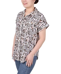 Ny Collection Petite Short Rolled Sleeve Button Front Blouse