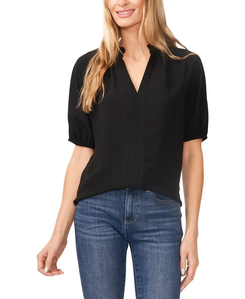 CeCe Women's Short Sleeve Ruffle Neck Raglan Split Neck Blouse