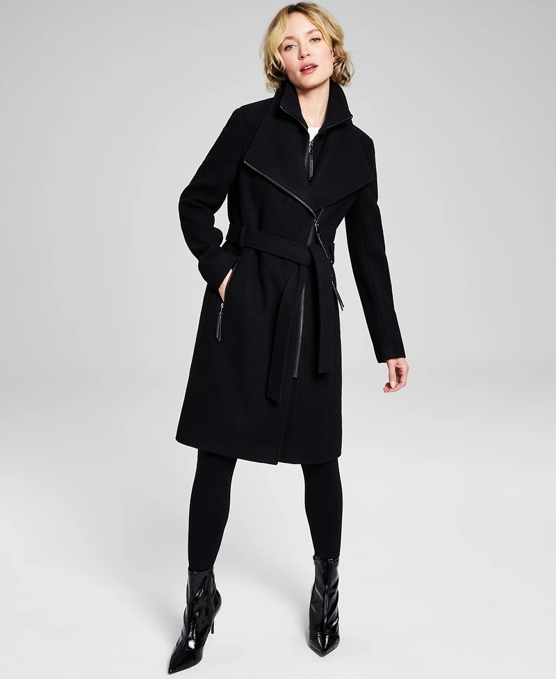 Calvin Klein Womens Wool Blend Belted Wrap Coat