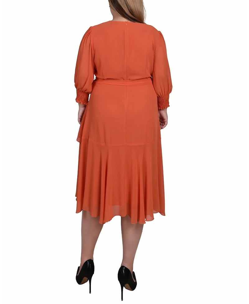 Ny Collection Plus Size 3/4 Sleeve Belted Chiffon Handkerchief Hem Dress