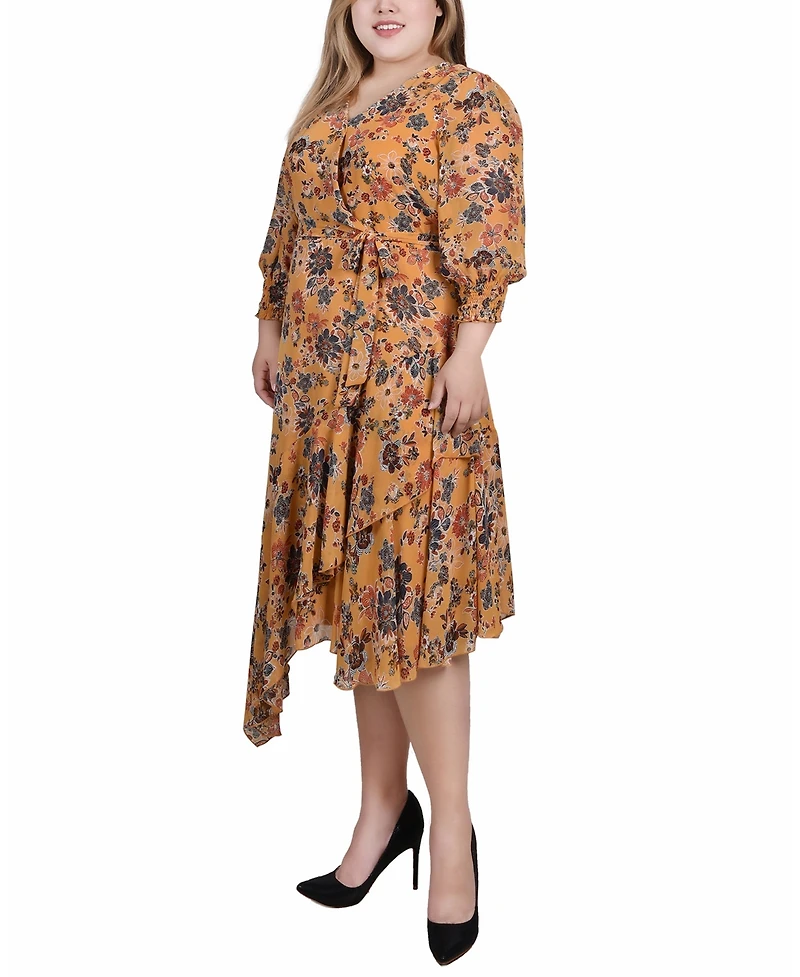 Ny Collection Plus 3/4 Sleeve Belted Chiffon Handkerchief Hem Dress