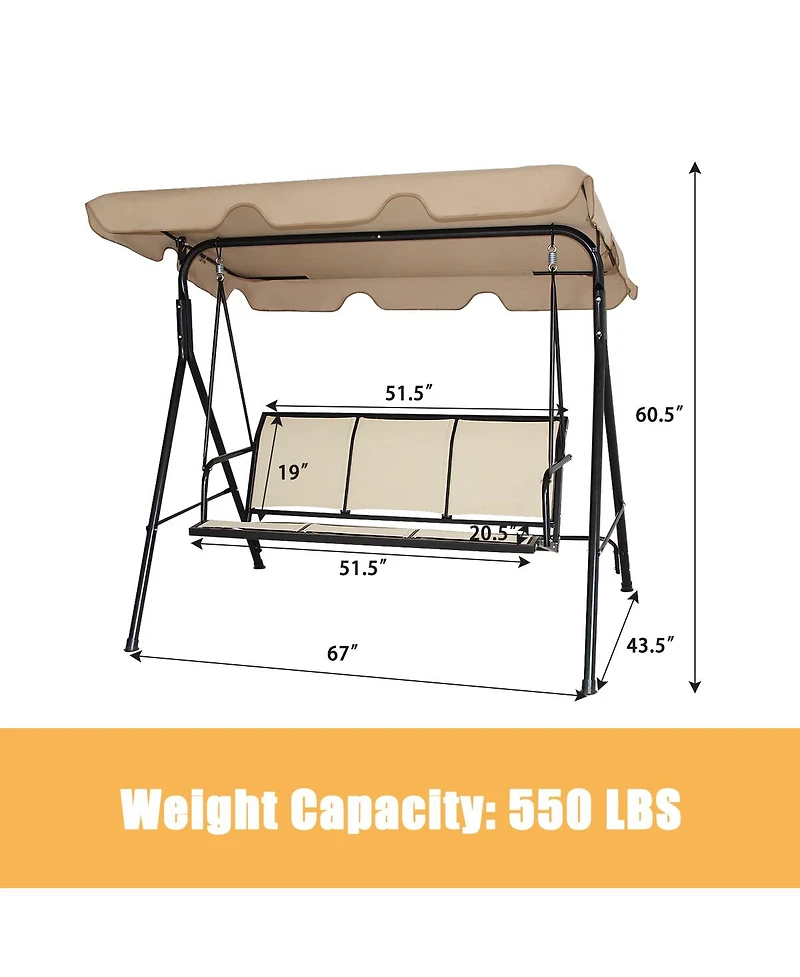 Costway Outdoor Patio Swing Canopy 3 Person Canopy Swing Chair Patio Hammock